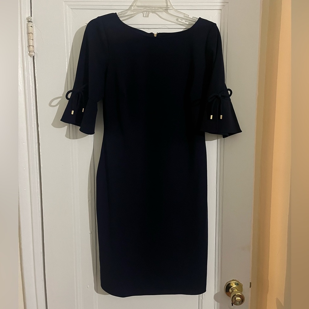 EUC - Karl Lagerfeld Navy Blue Dress with Flowy Sleeves and Gold Accent